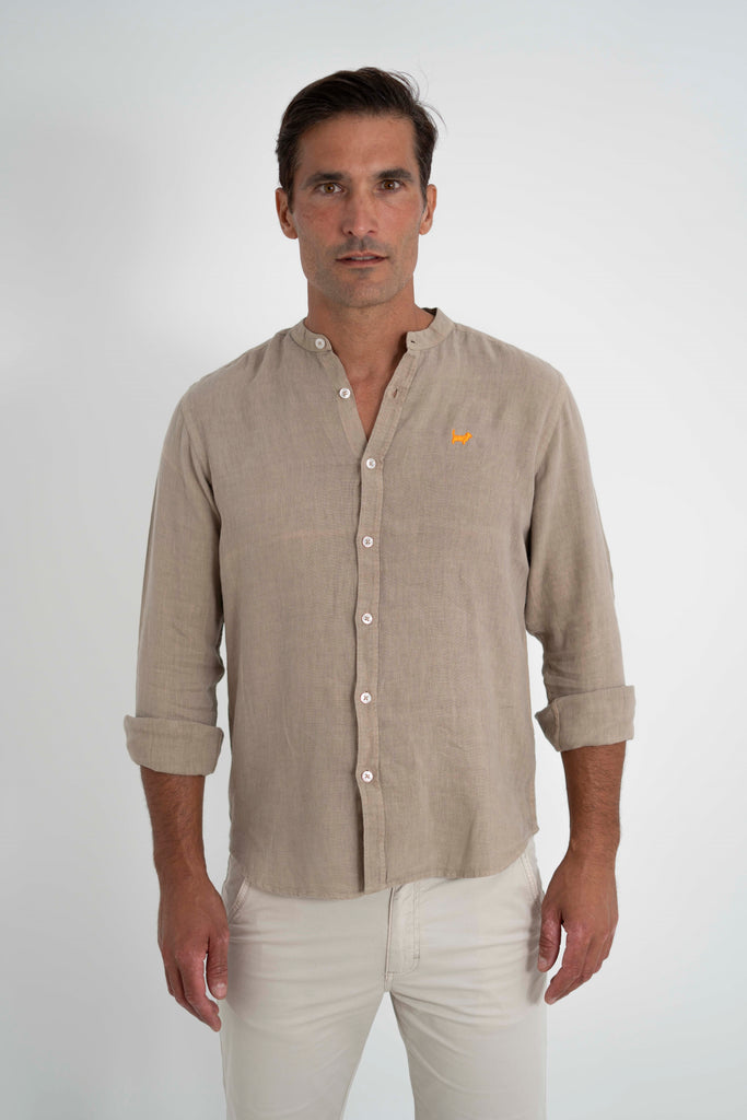 Camisa Milano Premium 100% Lino Cuello Mao Kaki