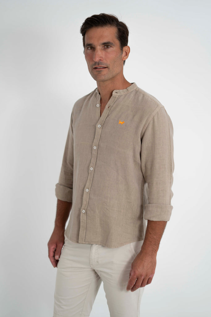 Camisa Milano Premium 100% Lino Cuello Mao Kaki