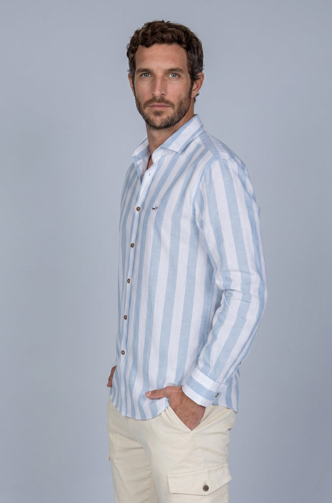 Camisa Lino Raya Ancha Celeste